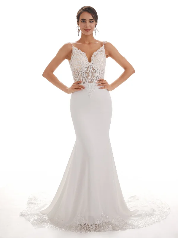 Spaghetti Straps Mermaid Ivory Backless Lace Wedding Dresses