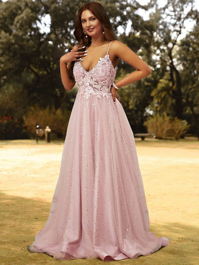 A-Line Prom Dresses Plus Size Dress Wedding Guest  Sleeveless V Neck Tulle with Appliques