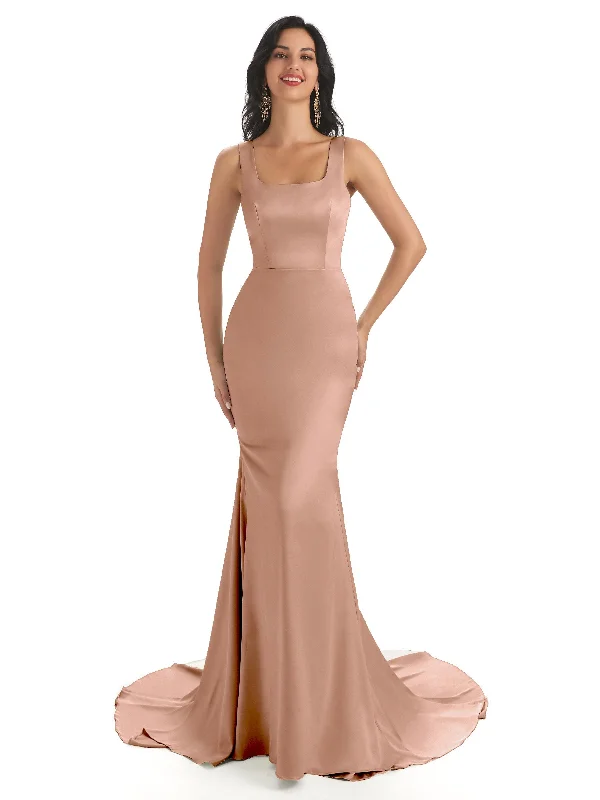 Soft Satin Unique Square Long Mermaid Formal Gown For Wedding Guest