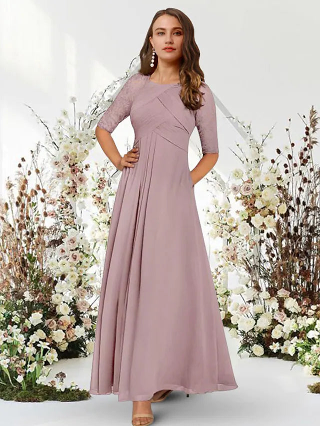 Evening Gown Elegant Dress Wedding Guest Floor Length Half Sleeve Jewel Neck Chiffon with Pleats Ruched