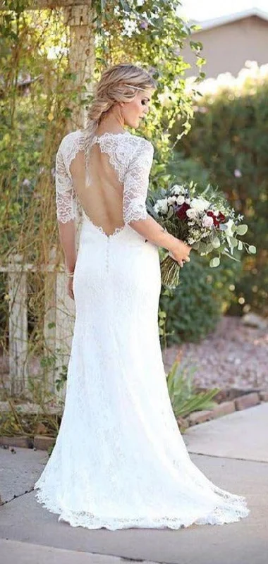 Keyhole Back Half Sleeve Lace Wedding Dress