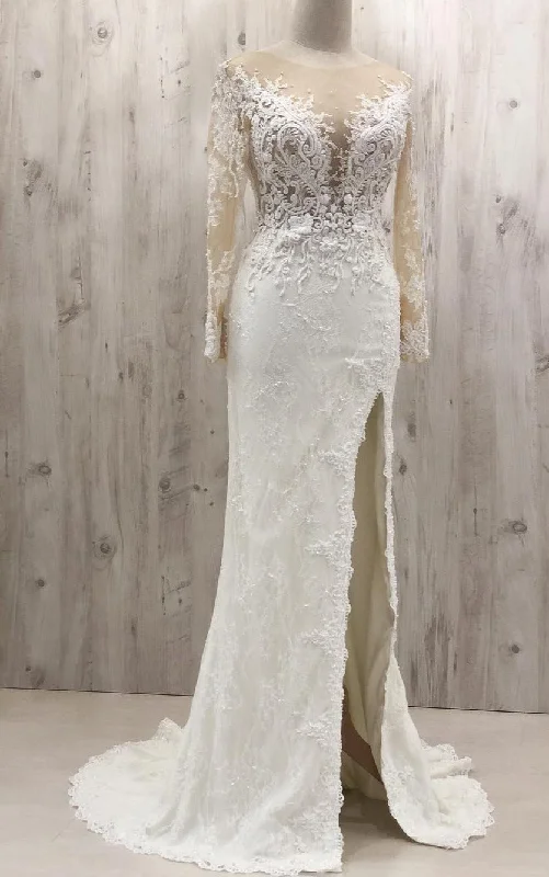 Fit and Flare Sheer Long Lace Sleeve Slit Wedding Dress