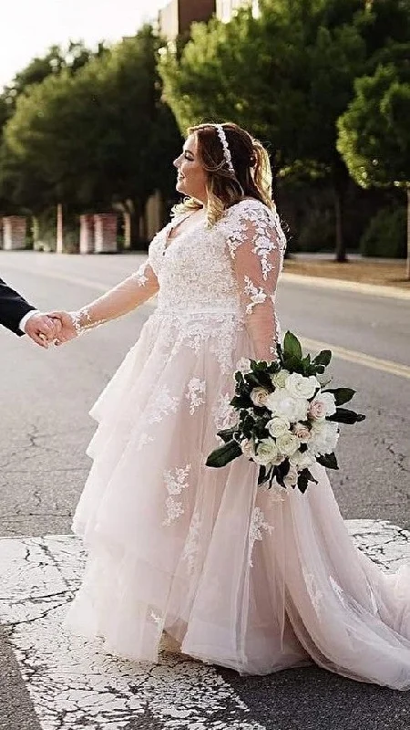 Long Sleeve Lace Plus Size Blush Wedding Dress With Detachable Beaded Band