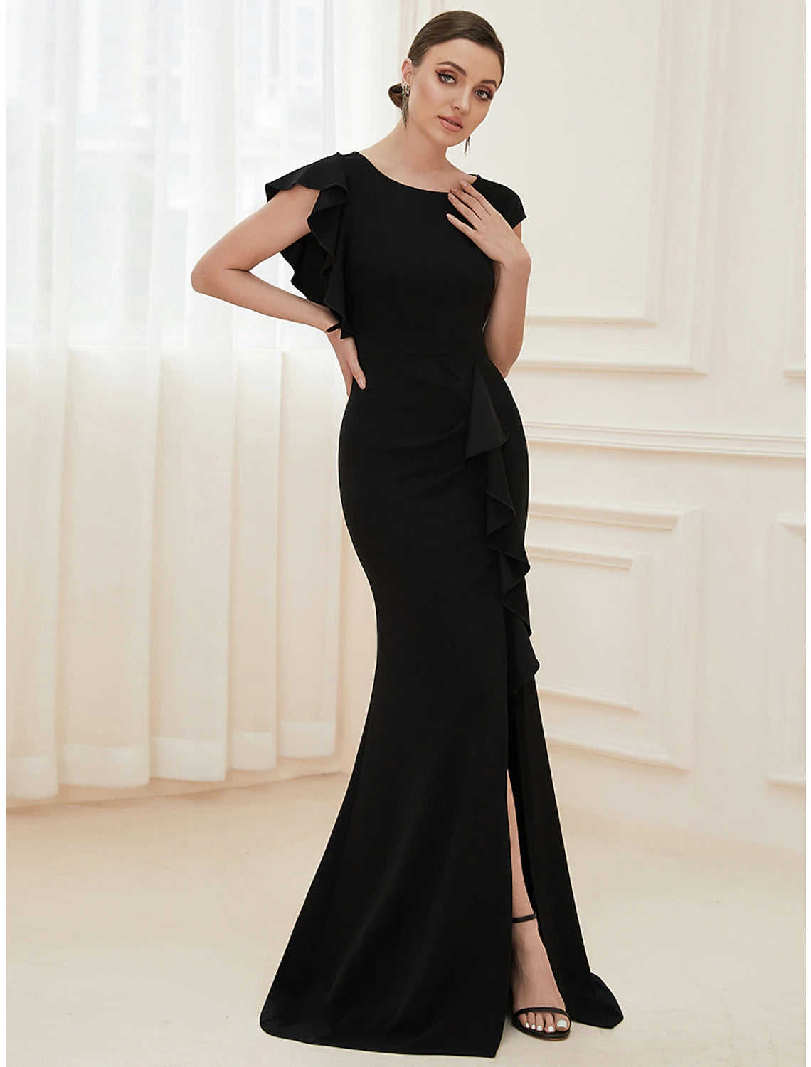 Mermaid / Trumpet Evening Gown Vintage Dress Formal Wedding Guest Floor Length Short Sleeve Jewel Neck Nylon with Ruffles Slit