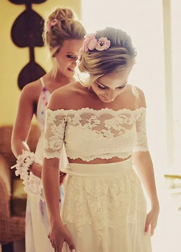 Off Shoulder Half Sleeves Lace Two Pieces Wedding Dress