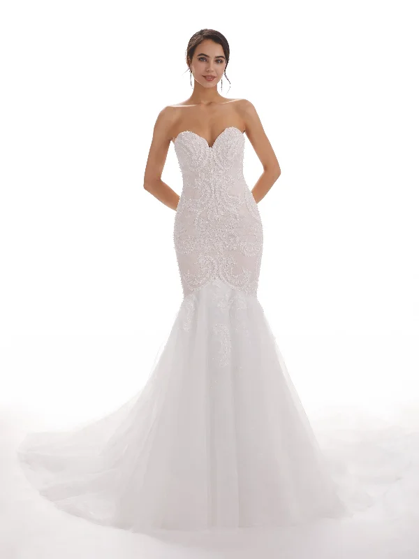 Sweetheart Long Mermaid Ivory Backless Lace Wedding Dresses