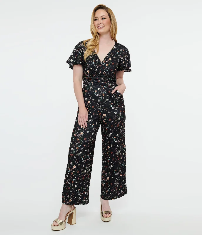 Dolly & Dotty Black Floral Meadow Butterfly Sleeve Jumpsuit