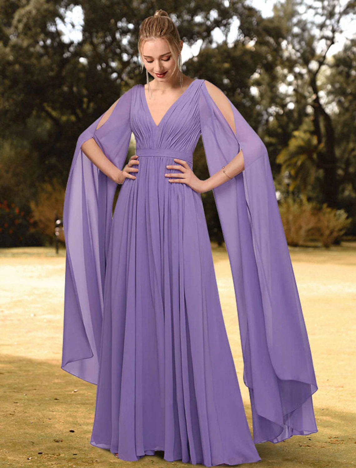 A-Line Evening Gown Empire Dress Wedding Guest Formal Evening Floor Length Long Sleeve V Neck Chiffon with Pleats Pure Color