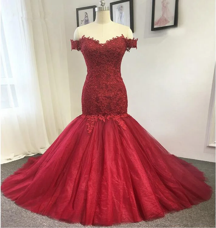 Mermaid Off Shoulder Sleeves Burgundy Lace Wedding Dress