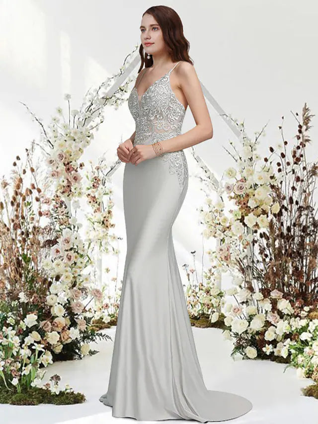 Evening Gown Empire Dress Wedding Guest  Sleeveless V Neck Chiffon with Appliqu