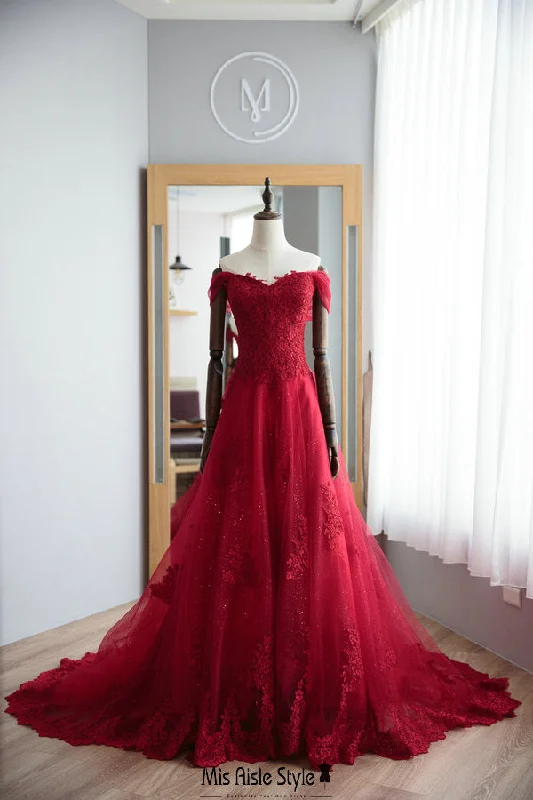 A line Off Shoulder Sleeve Deep Red Lace Wedding Dress