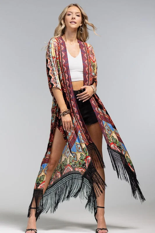 Marigold Fringe Border Open Front Kimono