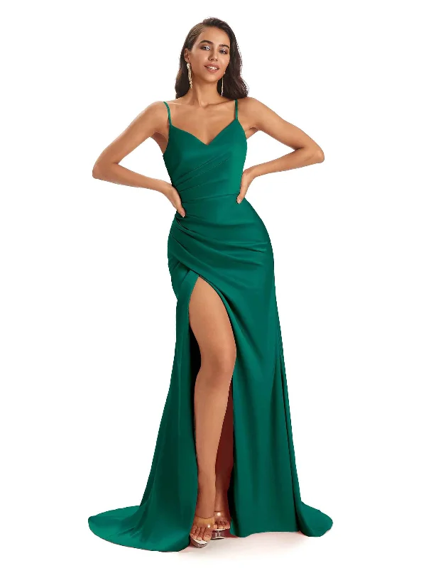 Sexy Mermaid Soft Satin Side Slit Long Modern Wedding Dress Guest Outfits