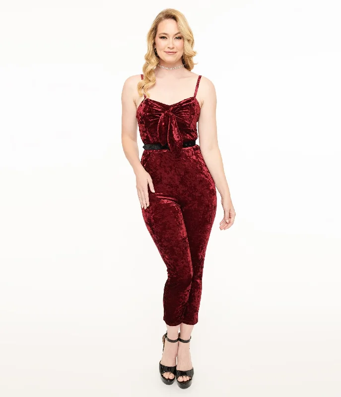 Unique Vintage 1950s Burgundy Crushed Velvet Cropped Jumpsuit