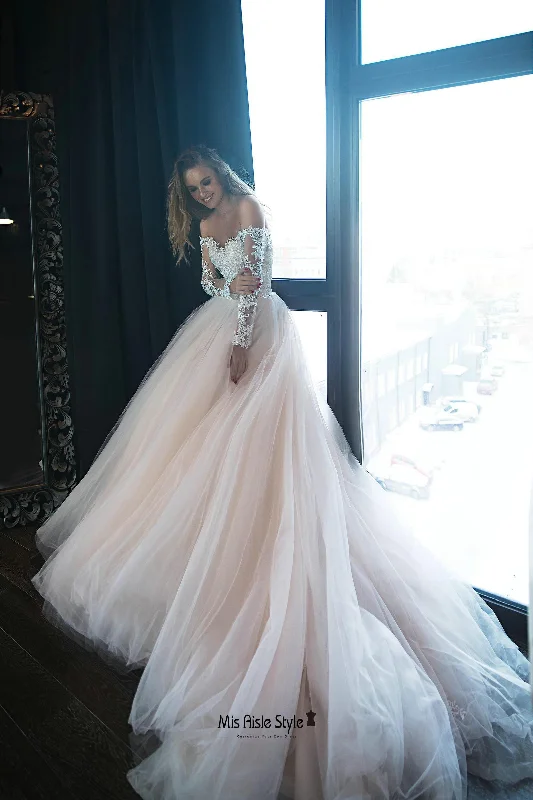 Long Lace Sleeves Blush Tulle Wedding Dress