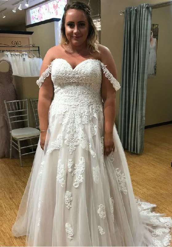 Off Shoulder Sleeves Plus Size Blush Wedding Dress