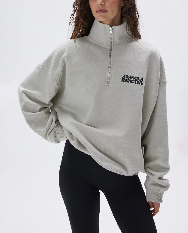 Retro Sports Oversized Funnel Neck Zip Sweatshirt - Stone