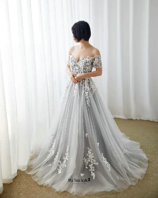 Off Shoulder Short Sleeve Silver Wedding Dress