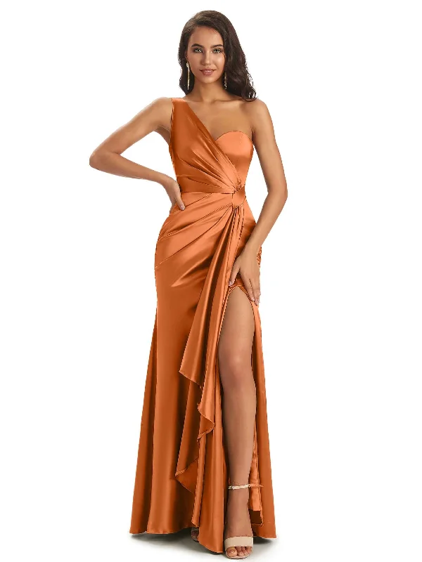 Soft Satin Side Slit One Shoulder Sexy Mermaid Long Boho Wedding Guest Dress