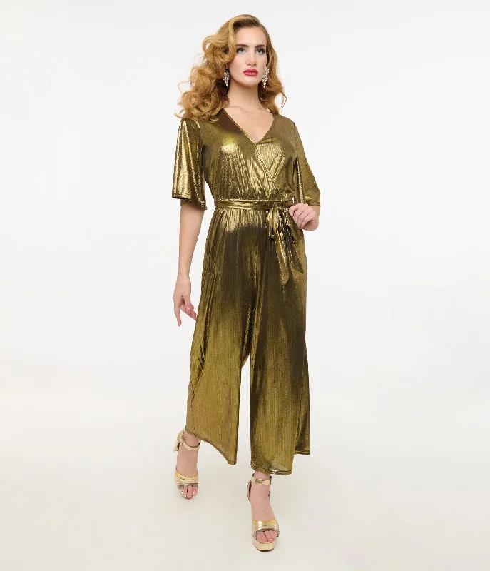 Hell Bunny 1970s Gold Lurex Jumpsuit