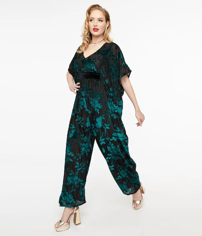 Unique Vintage 1970s Black & Teal Velvet Floral Burnout Caftan Jumpsuit