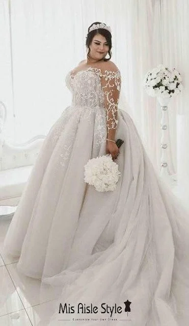 Fashion French Lace Long Sleeve Plus Size Wedding Dress