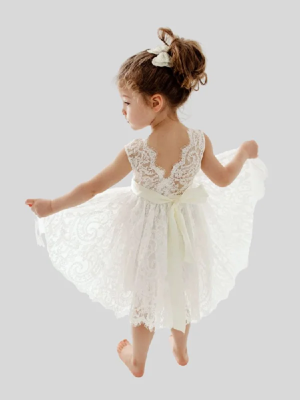 Chic White Ball Gown Flower Girl Dresses Sheer Neck Lace kid wedding dresses Lace Long Sleeve Toddler girls