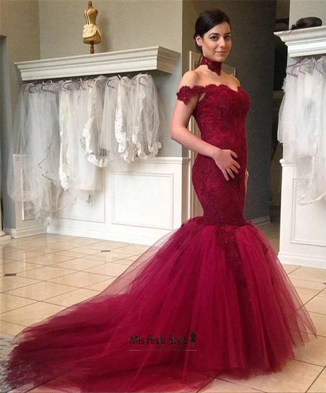 Mermaid Off Shoulder Sleeve Burgundy Wedding Dress