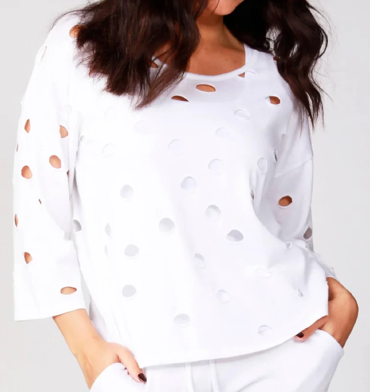 Solid Holey Crew Top In White