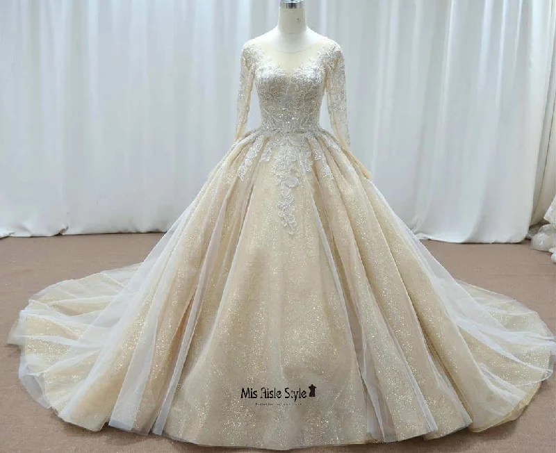 Ball Gown Long Sleeves Sparkle Gold Wedding Dress