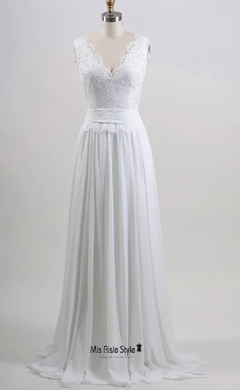 Simple V-neckline French Lace Wedding Dress