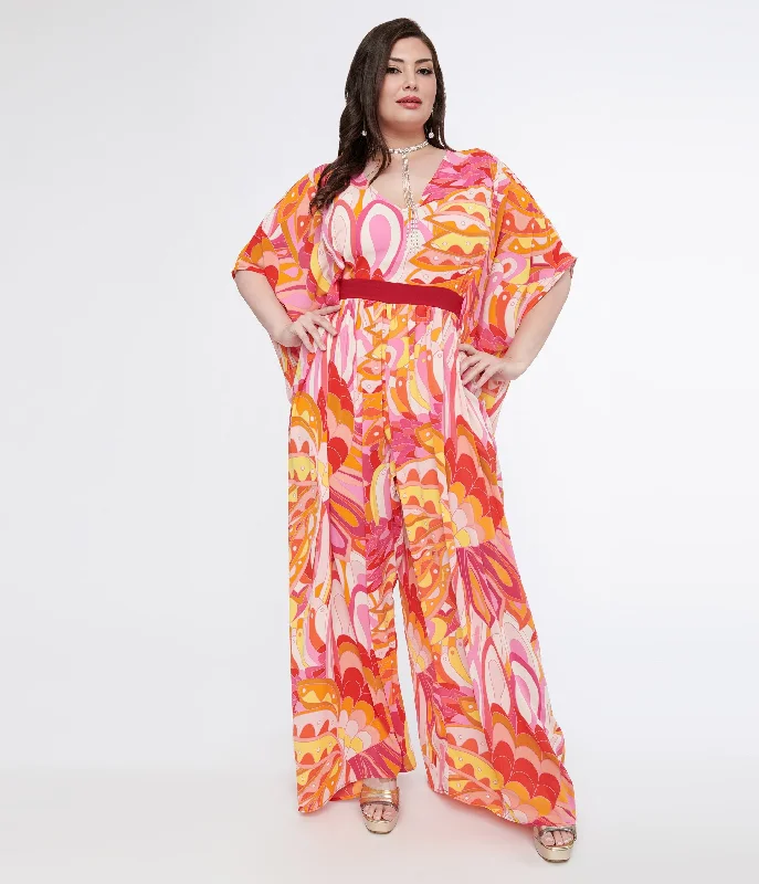 Unique Vintage Plus Size 1970s Pink & Orange Psychedelic Print Caftan Jumpsuit