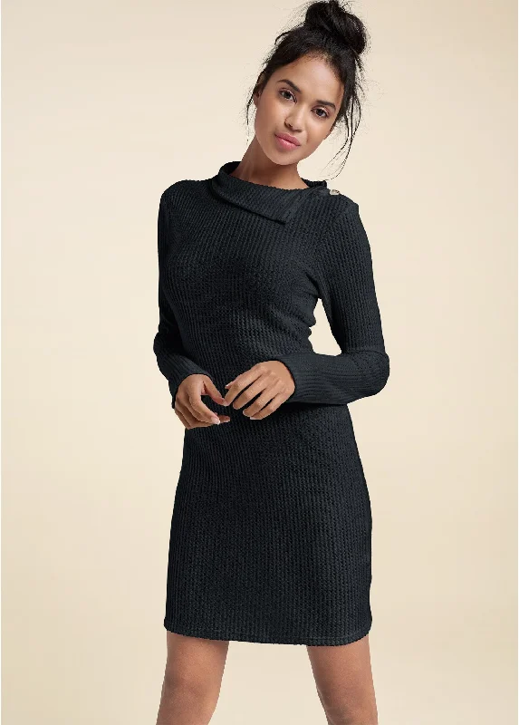 Brushed Waffle Foldover Dress - Black