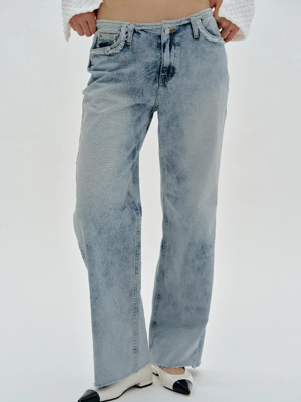 Low Waist Frayed Jeans, Acid Wash Blue