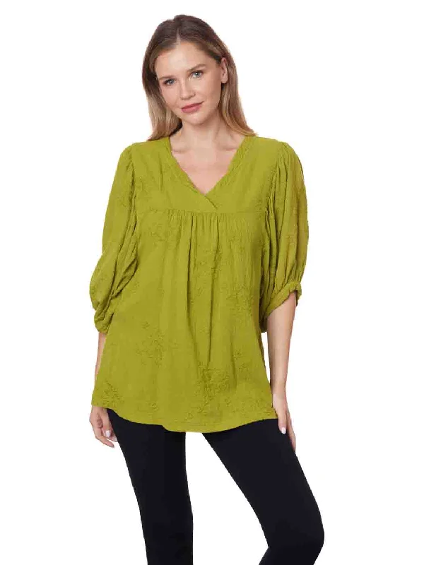 Tianello "Holly" Embroidered Cotton "Touch" Blouse - Hemp Green - S