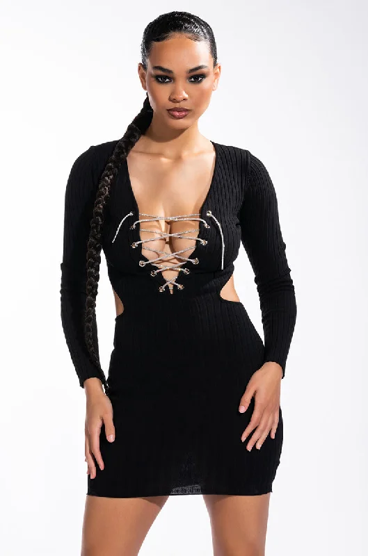 DOING MY THANG RHINESTONE LACE UP FRONT MINI DRESS