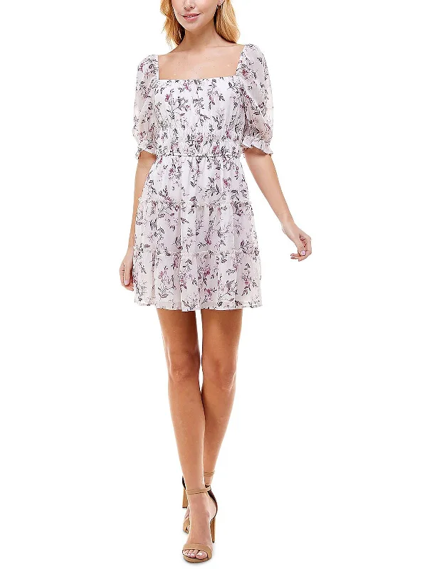 Juniors Womens Floral Print Ruffled Mini Dress