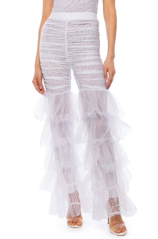 SAMMIE CINCHED MESH FLARE LEG PANT IN WHITE