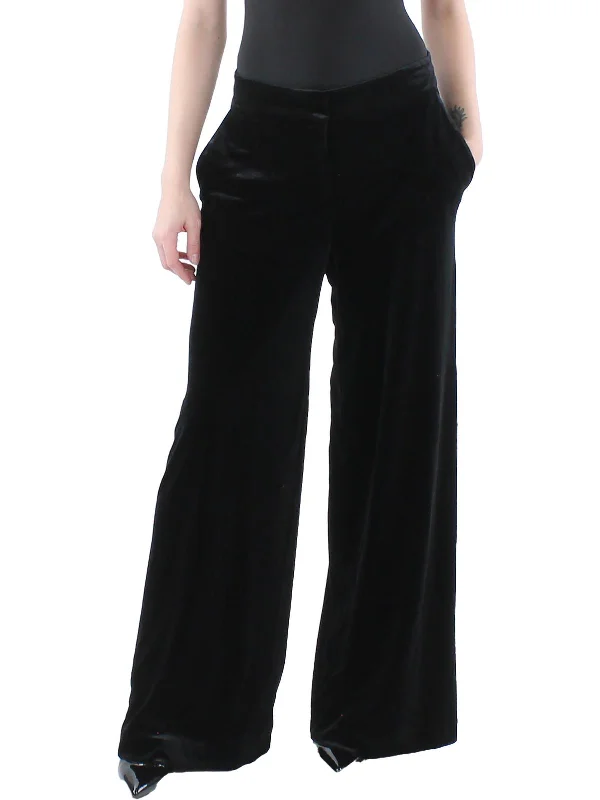 Womens Mid Rise Velvet Wide Leg Pants