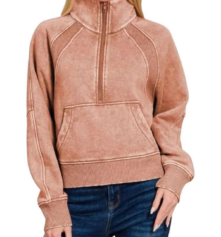 Alice Half Zip Fleece Pullover Sweater In Rust