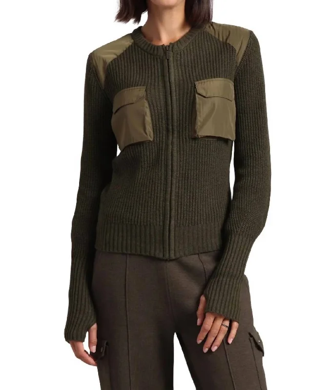 Cotton Cashmere Shaker Utility Zip Up In Army-Olive