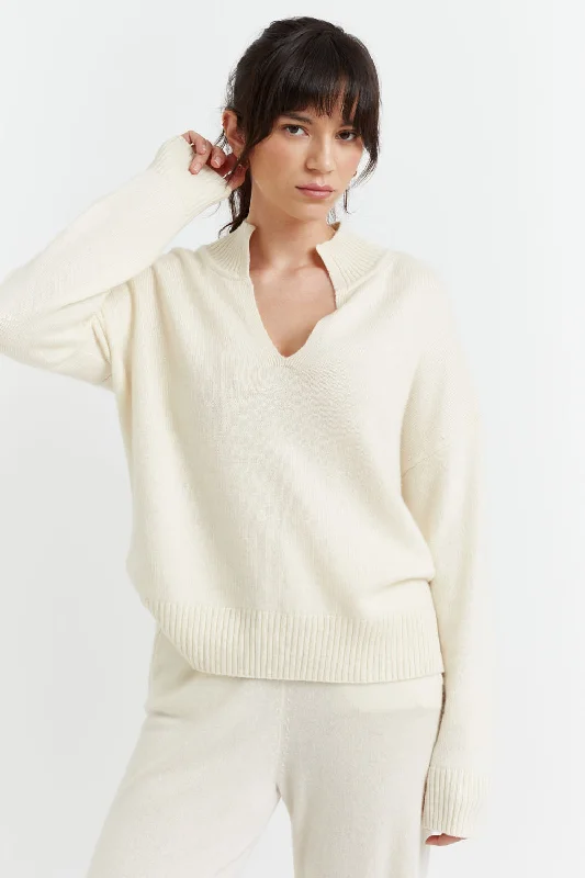 Cream Cashmere V-Neck Funnel Sweater