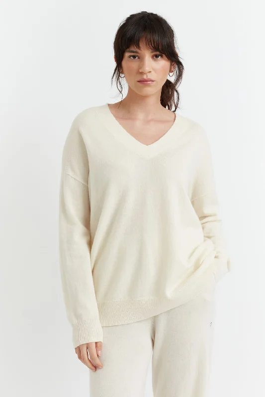 Cream Cashmere V-Neck Sweater