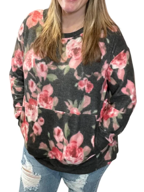 Floral Kangaroo Pocket Sweater In Black