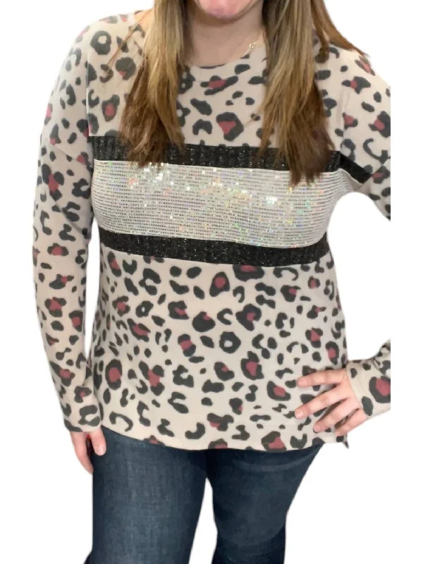 Leopard With Sequin Sweater In Taupe