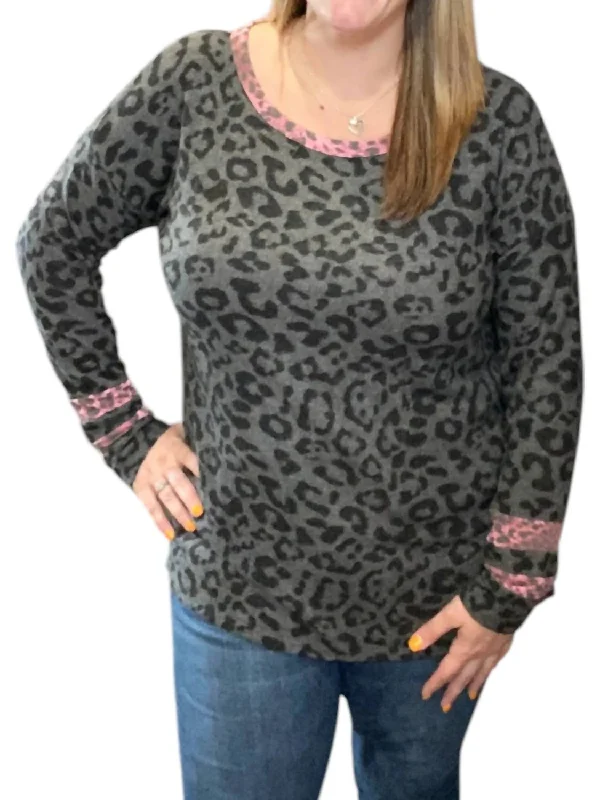 Leopard With Wine Accent Sweater In Gray