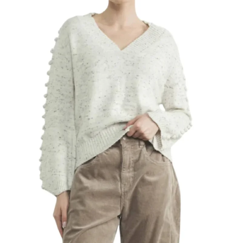 Pom Sleeve Sweater In Grey Melange