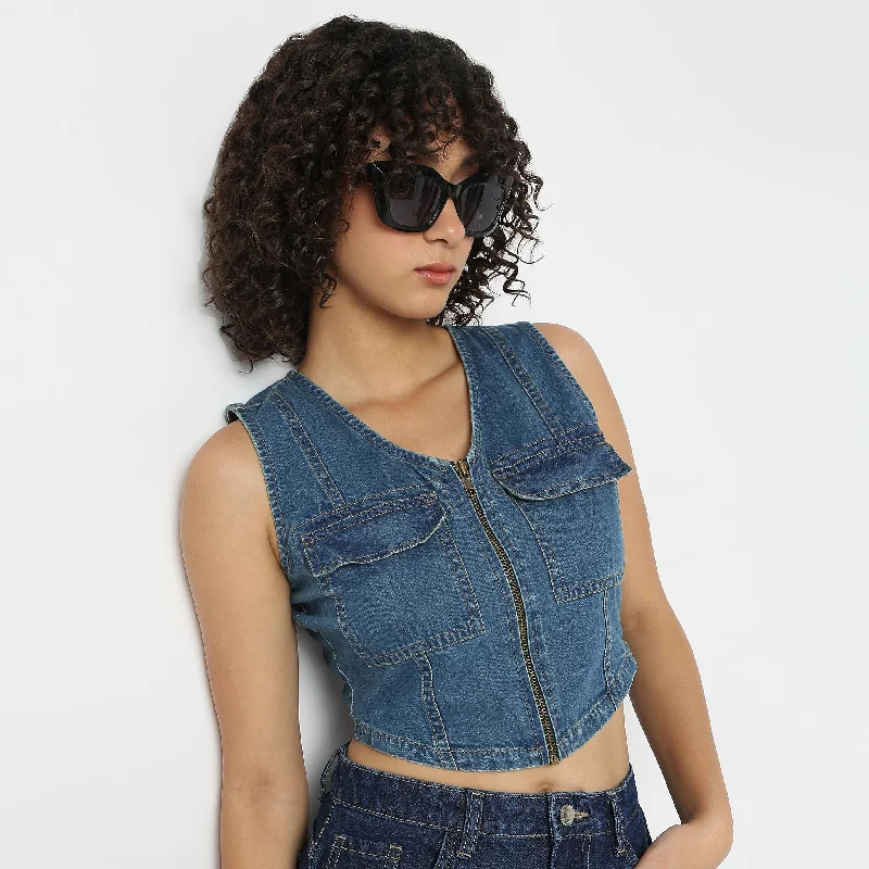 Denim V-Neck Crop Top