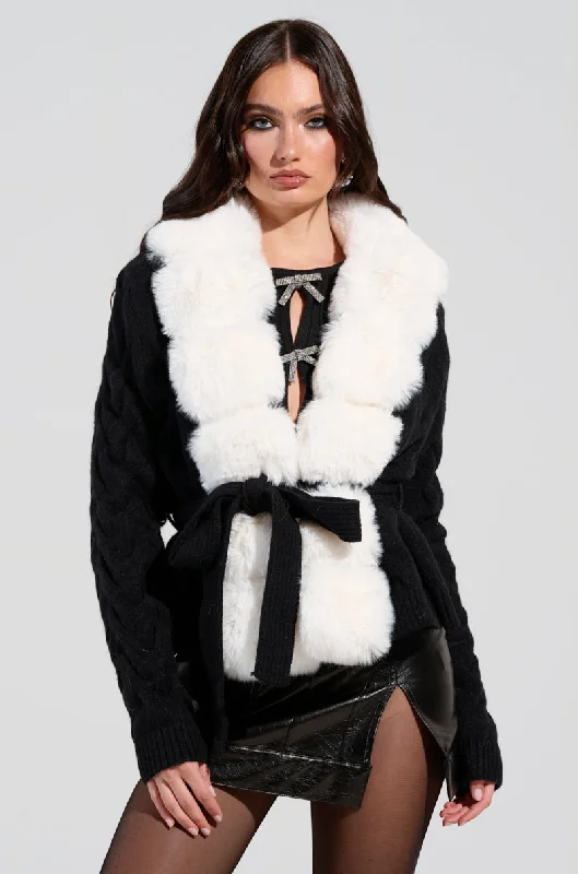 BABBS KNIT FUR TRIM CARDIGAN WITH SELF TIE BELT