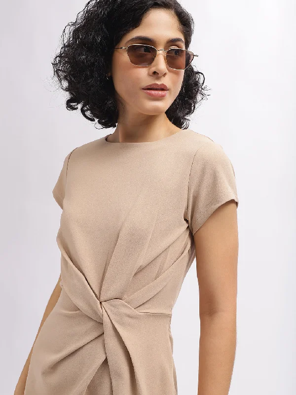 Centre Stage Women Beige Solid Round Neck Short Sleeves Dress